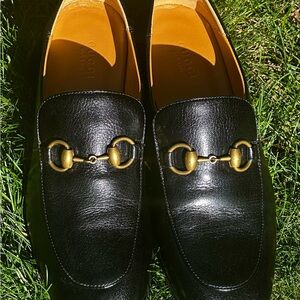 Gucci Black Leather Horsebit Slip-On Loafers with Gold Hardware